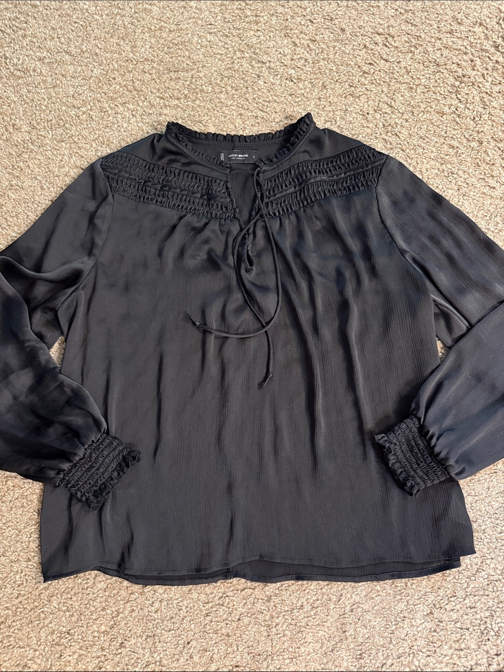 Lucky Brand Black Smocked Yoke Tie-Front Blouse
